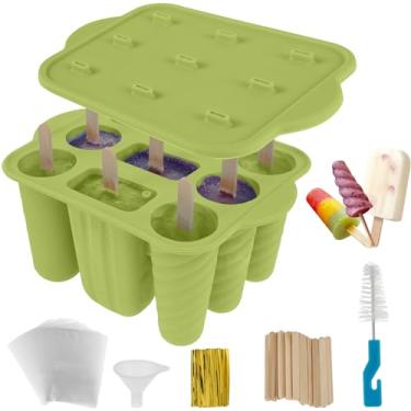 Imagem de 9 formas caseiras de silicone para picolé, máquina de picolé de gelo congelado com 3 formas de moldes de picolé reutilizável de 85 g para purê de suco de iogurte compota de maçã (verde)