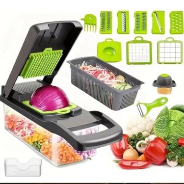 Imagem de Cortador de legumes multifuncional 12 em 1, cortador de cebola em cubos de 6 mm, fatiamento de 3 mm, ralador, separador de ovos - com recipiente, lâminas, protetor de mão, escova