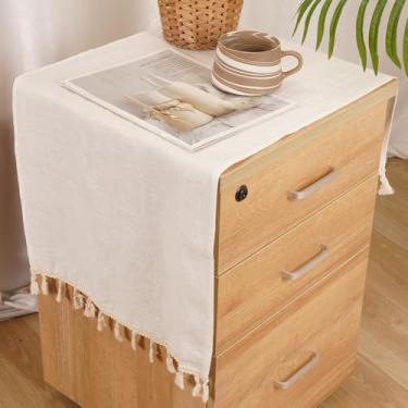 Imagem de HSOFTIFY Capa de mesa de cabeceira 100% de linho puro com borla, capa de mesa de cabeceira retangular de café para mesa lateral de cama, TV e micro-ondas (bege)
