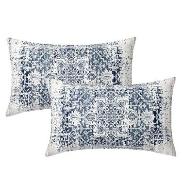 Imagem de Capas de almofada lombar boho étnicas azul marinho cinza 30,5 x 50,8 cm, estampa de carpete boêmio, vintage, cinza, para sofá, fazenda, retangular, tapete rústico, fronhas para cama, pátio, exterior
