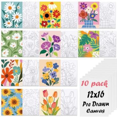 Imagem de Nuberlic Tela pré-desenhada de 30 x 40 cm para pintar para crianças, 10 peças, kit de pintura floral pré-esboçada, botânico vibrante para pintar meninas, suprimentos de festa infantil