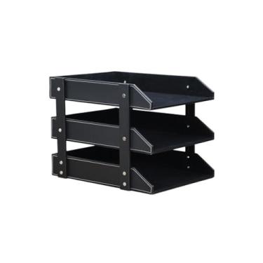 Imagem de Organizador de arquivos de mesa Organizador de arquivos couro para mesa, bandeja empilhável 3 camadas, usado para armazenar documentos, pastas e artigos papelaria(Preto)