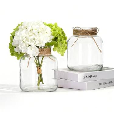 Imagem de Houmury Conjunto de 2 vasos de vidro transparente para centros de mesa, vaso grande de 15 cm com laços de barbante, decoração de casa para casamento, sala de estar, mesa de jantar, escritório (2)
