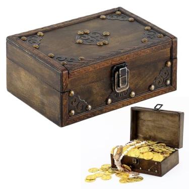 Imagem de Threehoney Baú de tesouro de madeira 2,8 m x 12,7 cm x 7,6 cm Caixa de lembrança vintage de pirata com tampa articulada para armazenamento de joias, moedas bugigangas, caixa decorativa rústica para