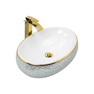 Imagem de Kit Cuba Pia Louça Cerâmica Banheiro C/Torn E Vál Dourada 52 - Smart N