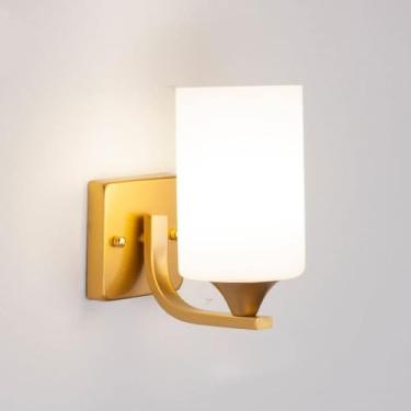 Imagem de Luminária de parede moderna dourada, luminária de parede com cúpula de vidro fosco cilíndrico para quarto, sala de estar, abajur de cabeceira de corredor, abajur de parede lateral de sofá de