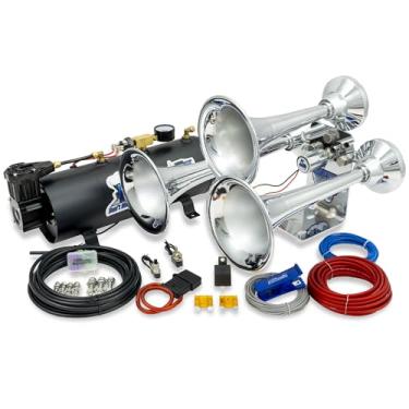 Imagem de HornBlasters Kit de buzina de trem Mini Outlaw de 3 litros - Sistema de ar compacto de 120 PSI - Fácil instalação - Som alto em vários tons - Kit de buzina de trem de 12 volts para caminhões (cromado)