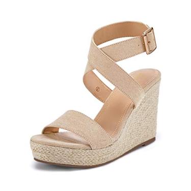Imagem de Sandália feminina plataforma plataforma plataforma espadrille cruzada tira no tornozelo Slingback bico aberto verão salto alto, 1-khaki, 9