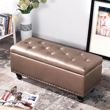 Imagem de Mesa de centro com armazenamento, banco acolchoado para os pés para sala de estar, quarto, banco de armazenamento retangular com pernas de madeira, armazenamento de couro sintético tufado