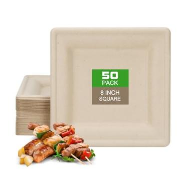 Imagem de BangShou Prato de papel quadrado descartável de bagaço 100% composto, embalagem com 20 cm - 50 cm, bandeja resistente descartável natural cru e resistente, placa de papel de cana de açúcar à prova d'água e à prova de óleo, bandeja de jantar que pode ir ao micro-ondas