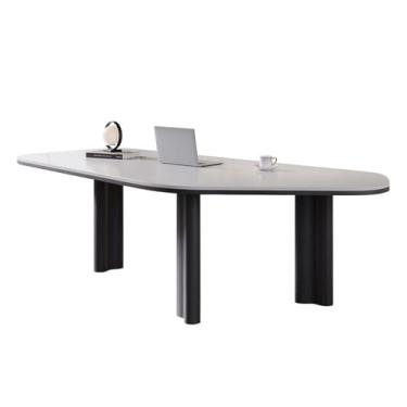 Imagem de Mesa para sentar e levantar Mesa de trabalho com tampo laje rocha em formato irregular, mesa conferência moderna para escritório casa pernas madeira maciça(L)