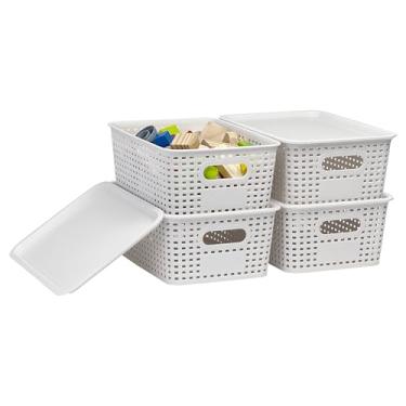 Imagem de Soddeph Cestas de armazenamento de plástico com tampas e alças, caixas organizadoras empilháveis com tampas para prateleiras, armários, cozinha, banheiro, quarto e sala de aula (branco, pacote com 4)