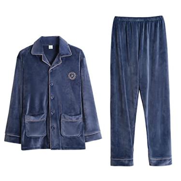 Imagem de ifgswopq Conjunto de pijama masculino de flanela de manga comprida com botões, conjunto de roupa de dormir quente grosso de inverno conjunto casual (98185 X)