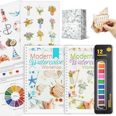 Imagem de Livro de colorir em aquarela para iniciantes com 12 cores, cor de tinta com pincel, papel aquarela, kit de pintura em aquarela para iniciantes, papel aquarela - beira-mar e buquê