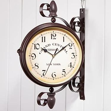 Imagem de EHVYBDX Relógio de parede de jardim ao ar livre, relógio de estação de trem de dupla face com suporte de estação relógio de jardim, decoração interna e externa, à prova d'água, relógio externo