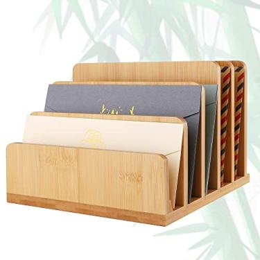 Imagem de Siondoux Organizador de arquivos de mesa, organizador de correio de bancada, suporte de correio de mesa de bambu, suporte de papel de arquivo de madeira para arquivamento de envelope de cartas, celular, ipad, bandeja organizadora para escritório e casa (5 compartimentos)