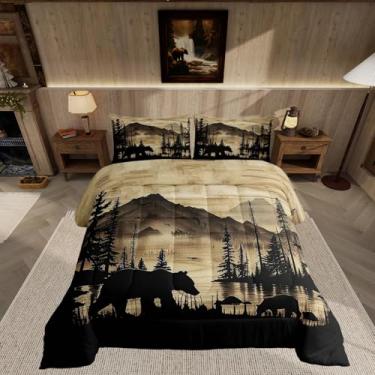 Imagem de Feelyou Conjunto de cama solteiro rústico com urso, animal selvagem, casa de fazenda, para meninos, meninas, adolescentes, natureza, vida selvagem, lã, caça, capa de edredom de microfibra macia