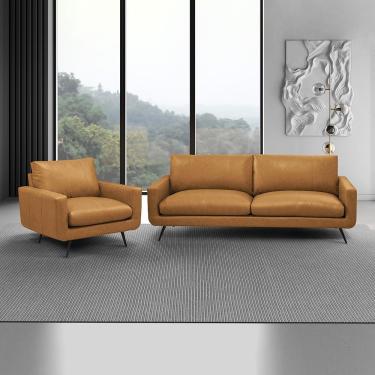Imagem de Conjunto Sala de Estar Paloma 1 Sofá 3 Lugares 223cm 1 Poltrona Couro Caramelo Manchado