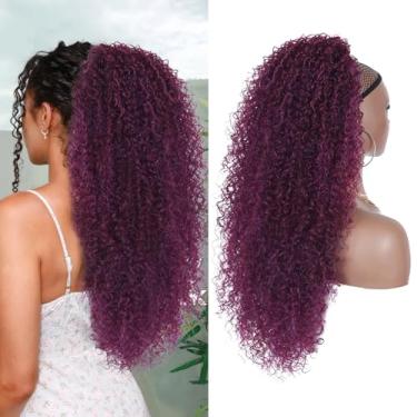 Imagem de Alebery Extensão De Rabo Cavalo Com Cordão 27" Para Mulheres Negras, Cacheado Profundo, Sintético, Misturado Apliques Cabelo Humano, Crespo Afro, Uso Diário (Rosa Roxo)