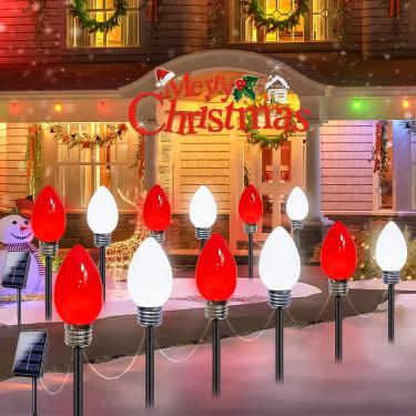 Imagem de Pacote com 12 lâmpadas solares de Natal jumbo C9, lâmpadas grandes à prova d'água, decorações de Natal ao ar livre, luzes movidas a energia solar para estacas de marcador de caminho externo, decoração