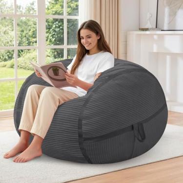 Imagem de HABUTWAY Cadeira Bean Bag, poltrona grande com espuma de memória, capa de veludo cotelê ultramacia e design com zíper, alça portátil – Sofá confortável para sala de estar, quarto, sem montagem - cinza