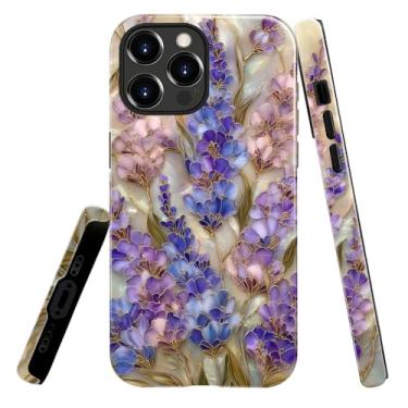 Imagem de heindiy Compatível com iPhone 16 Pro Max, capa brilhante, proteção total, à prova de choque, anti-arranhões, capa de TPU, capas para homem mulher - lavanda flor flor vitral