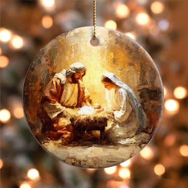 Imagem de Enfeite de presépio de Natal 2025, enfeite de cerâmica com efeito de pintura a óleo da Sagrada Família, enfeites de bebê Jesus para decoração de árvore de Natal em família - presentes cristãos para
