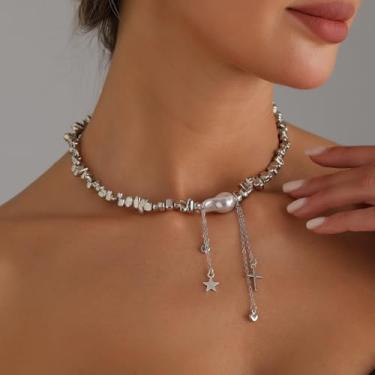 Imagem de Colar de metal líquido irregular, corrente de clavícula grossa leve e luxuosa para mulheres, presente moderno em camadas de estrelas do Instagram com contas