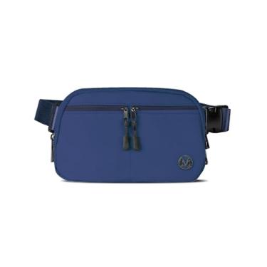 Imagem de mokzer Pochete de 2 L, bolsa de cintura transversal para mulheres e homens, com alça ajustável, 5 bolsos com zíper, impermeável, pochete para viagens, corrida, caminhada, Azul marinho, 2L, Elegante