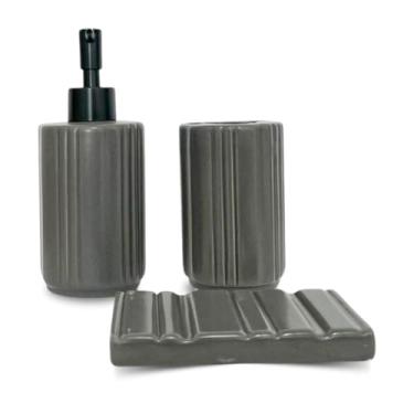 Imagem de Kit Banheiro 3 Peças de Ceramica Despenser Porta Escovas Saboneteira (Cinza)