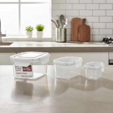 Imagem de Conjunto com 3 Potes Herméticos Retangulares Empilháveis Tampa com Trava de Vedação, Livre de BPA, Transparente, Ideal para Armazenar Alimentos, Marmitas, Grãos e Organização de Cozinha