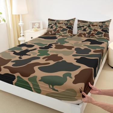 Imagem de Jogo de cama solteiro camuflado verde exército, silhueta de pato selvagem, 2 peças, para decoração de quarto de crianças, meninos, adolescentes e homens, lençol com elástico alto, 1 fronha
