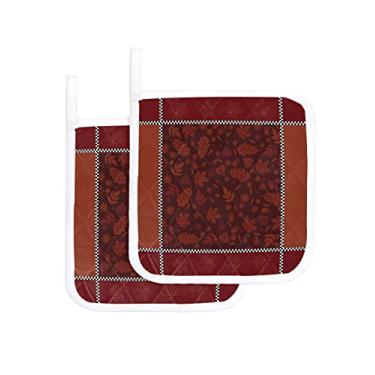 Imagem de Conjunto de 2 suportes de panela com folhas de bordo vermelhas de outono preto e branco buffalo, xadrez, à prova de calor, antiderrapante, almofadas quentes de folhas de outono, pegadores de panela