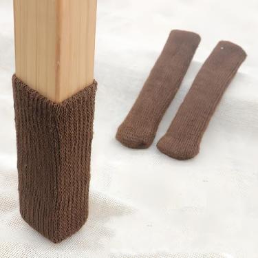 Imagem de 【Pacote com 4 meias para cadeira 】 Protetores de piso de móveis de malha para pisos de madeira - Capas antiderrapantes para pés de mesa em bege e marrom escuro (conjunto de 4) (café de cor lisa)