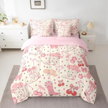 Imagem de Feelyou Conjunto de edredom com lençol de 7 peças, solteiro, com laço rosa, para crianças, meninas, estilo princesa, respirável, macio e leve