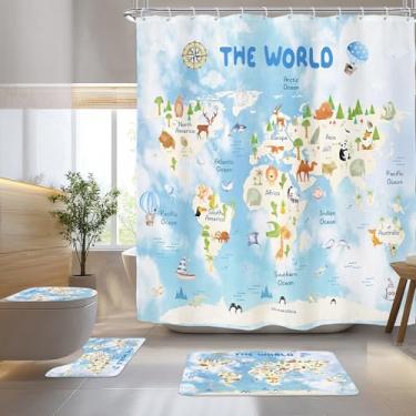 Imagem de Riyidecor Conjunto infantil de cortina de banheiro com mapa do mundo, 4 peças, azul, educacional, continentes animais, decoração de banheiro, com tapetes e acessórios, geografia, tapete para tampa de