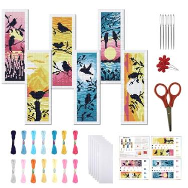 Imagem de FREEBLOSS Conjunto de 6 conjuntos de marcadores de página de ponto cruz, kit completo de ponto de cruz, kits de marcadores de página para iniciantes adultos com instruções, padrão de pássaro e flor, 6