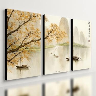 Imagem de Kit3 Quadro Decorativo Paisagem Japonesa Japão Mar Barco Pôr do Sol Sala Qualidade Premium Luxo (28x20cm)