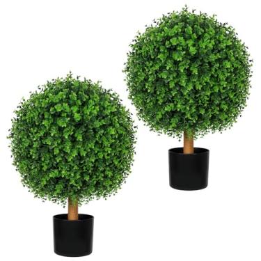Imagem de Árvores de bola de topiária de buxo artificial em vasos pretos, conjunto de 2 arbustos de vegetação sintética resistentes a UV de 66 cm, planta falsa perene perfeita para decoração de jardim, varanda
