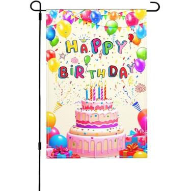Imagem de UEQIKI Feliz aniversário bandeira de jardim para exterior dupla face primavera verão bem-vindo serapilheira colorida 30,5 x 45,7 cm vertical jardim gramado decoração exterior