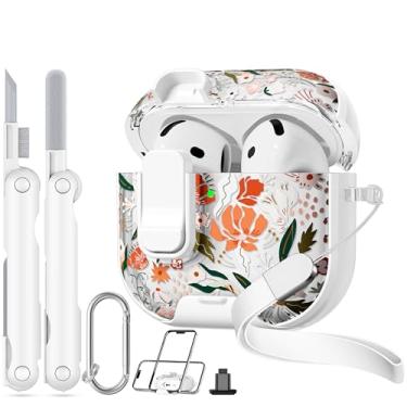 Imagem de Skyconser Capa com trava de segurança para Apple AirPods 4, capa floral transparente para AirPod 4ª geração com suporte de telefone e kit de limpeza para mulheres - flor laranja