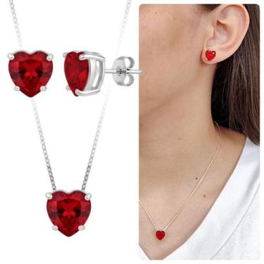 Imagem de Kit Colar Brinco Prata 925 Coração Vermelho Zircônia Banhado - Morgani