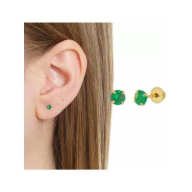 Imagem de Brinco Ouro 18k 3mm Pedra Verde Esmeralda Infantil 2 Furo - ZELLO JÓIA