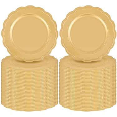 Imagem de Tomeurperf 60 peças de placas de carregamento douradas a granel 33 cm redondas elegantes carregadores de ouro para pratos de jantar, placas de carregamento decorativas para eventos de festas de