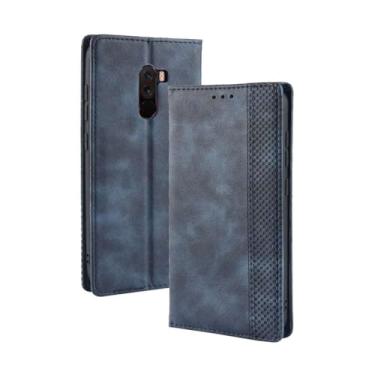 Imagem de Capa para XIAOMI Mi Pocophone F1,Retro Flip magnético,Caso de telefone de couro PU,Design de carteira com 3 slots de cartão e 1 clipe de dinheiro -Blue