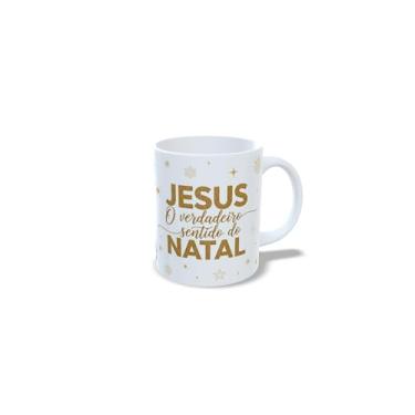 Imagem de Caneca Natalina de Cerâmica, Sagrada Família, Branca, 325ml, com Mensagem sobre o natal, e imagens de Jesus, Maria e José (23167)