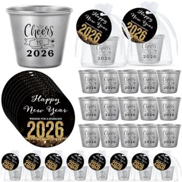 Imagem de Vesici 15 conjuntos de lembrancinhas de festa de feliz ano novo incluem Cheers to 2026 copos de shot de aço inoxidável de 42,5 g com cartões de feliz ano novo e sacos de presente de organza copos de