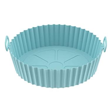 Imagem de AGSYFFD Frigideira de silicone Air Fryer de 22 cm com forro de fritadeira a ar de silicone, antiaderente, acessórios reutilizáveis para forno, bandeja redonda de silicone para fritadeira a ar livre de 5 a 8 litros ou maiores (azul)