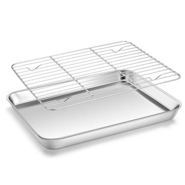 Imagem de Homikit Conjunto de 2 assadeiras com grade de resfriamento de arame, 23 x 33 cm de aço inoxidável para assar no forno, bandejas de metal antiaderentes de bacon, sem ferrugem e podem ser lavadas na