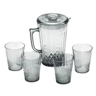 Imagem de Conjunto de Jarra e Copos em Acrílico, Design Diamante, 5 Peças com Tampa, Jarra 2L e 4 Copos para Bebidas
